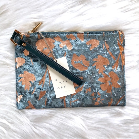 a new day Handbags - NWT A NEW DAY Rose Gold Blue Velvet Floral Clutch